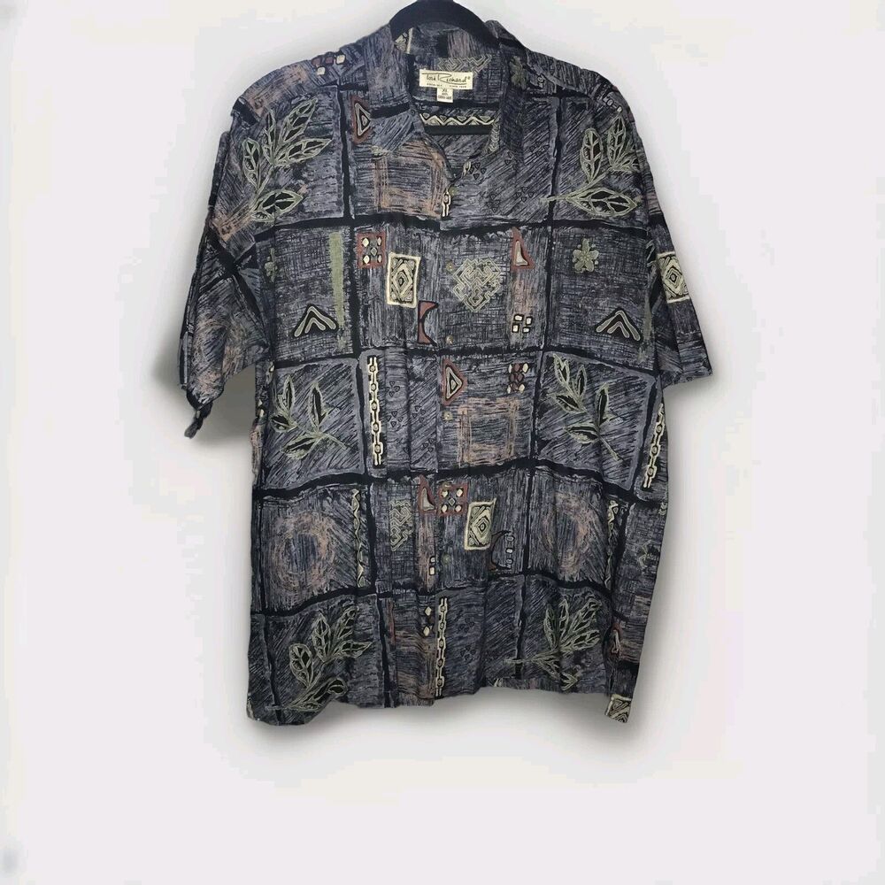 Tori Richards Shirt Hawaiian short sleeve XL Cotton Lawn Blue Geometric Leaves‎